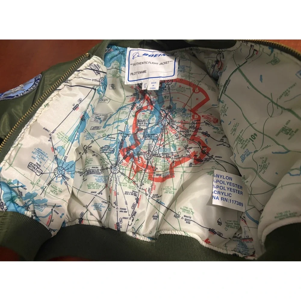 Boeing Kids Authentic Flight Jacket MA-1 Bomber Olive Green Patches 2T S